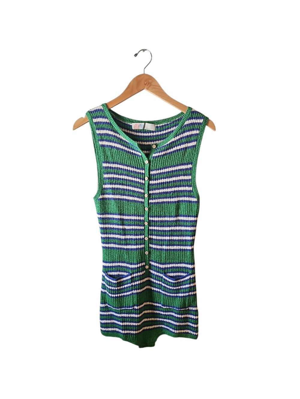 Free People Beach Caroline Knit Playsuit Striped Green, White & Blue Knit Romper - Picture 2 of 6